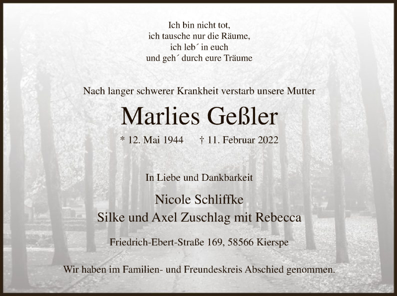  Traueranzeige für Marlies Geßler vom 25.02.2022 aus WA