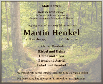 Traueranzeige von Martin Henkel von WA