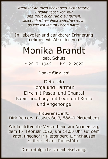 Traueranzeige von Monika Brandt von WA