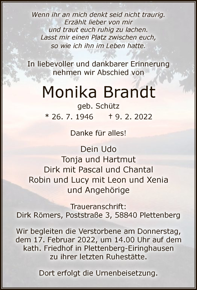  Traueranzeige für Monika Brandt vom 12.02.2022 aus WA
