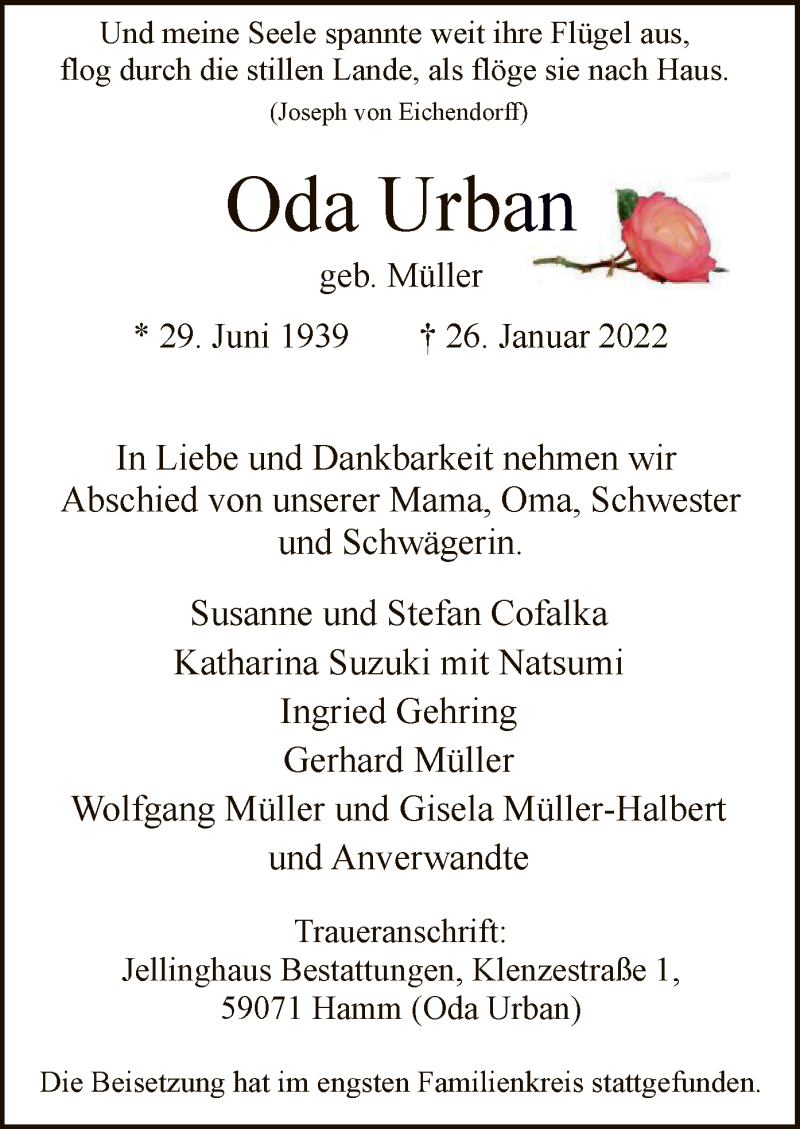  Traueranzeige für Oda Urban vom 05.02.2022 aus WA