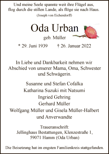 Traueranzeige von Oda Urban von WA