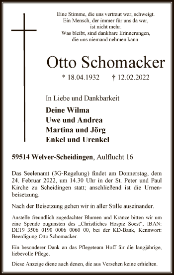 Traueranzeige von Otto Schomacker von WA