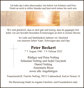 Traueranzeige von Peter Beckert von WA