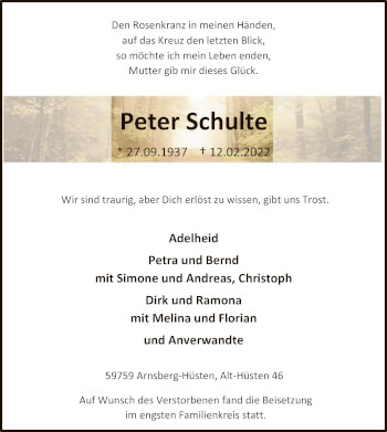 Traueranzeige von Peter Schulte von WA
