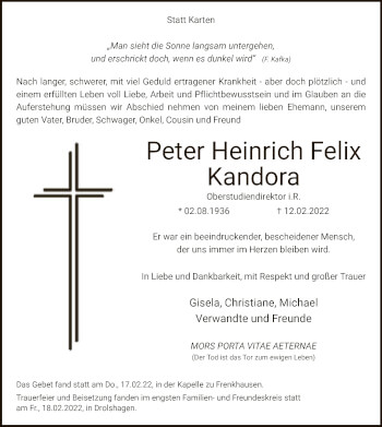 Traueranzeige von Peter Heinrich Felix Kandora von WA