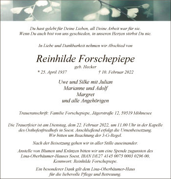 Traueranzeige von Reinhilde Forschepiepe von WA