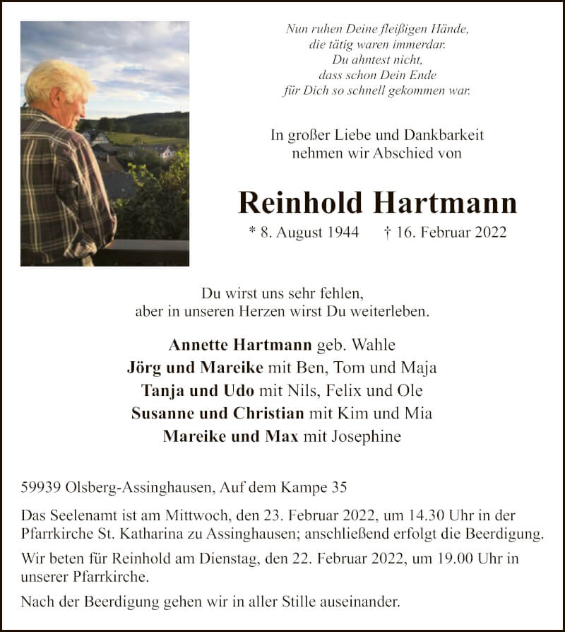  Traueranzeige für Reinhold Hartmann vom 19.02.2022 aus WA