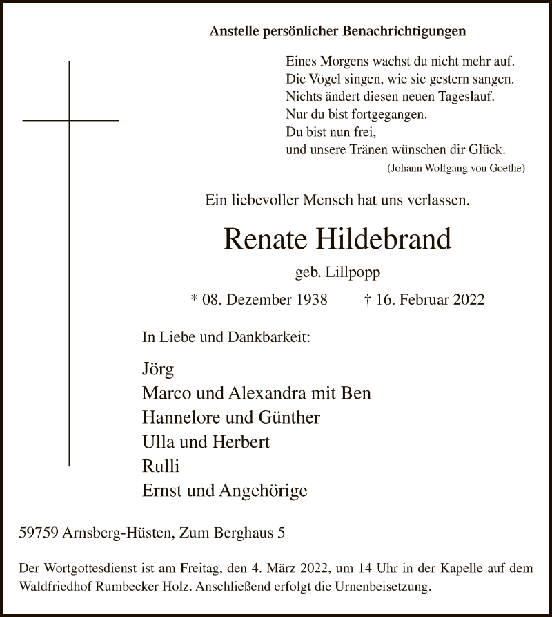  Traueranzeige für Renate Hildebrand vom 26.02.2022 aus WA