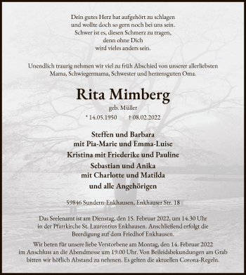 Traueranzeige von Rita Mimberg von WA