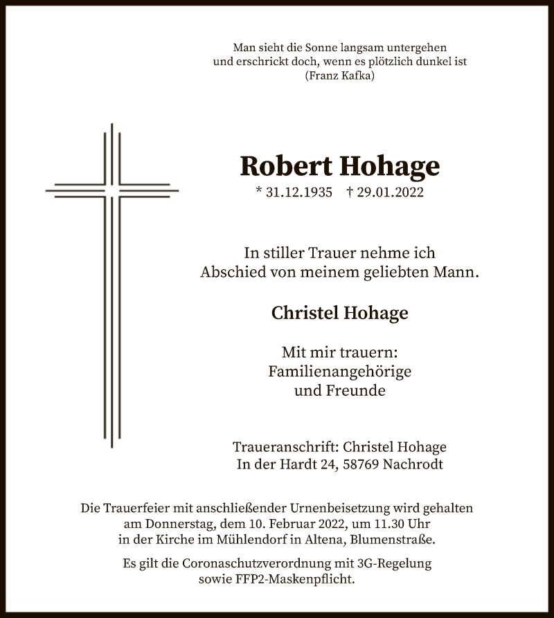  Traueranzeige für Robert Hohage vom 05.02.2022 aus WA