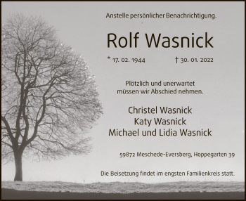 Traueranzeige von Rolf Wasnick von WA