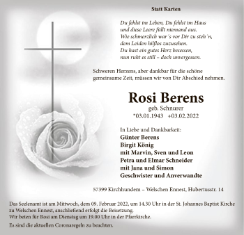 Traueranzeige von Rosi Berens von WA