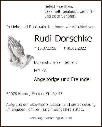 Traueranzeige von Rudi Dorschke von WA