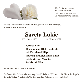 Traueranzeige von Saveta Lukic von WA