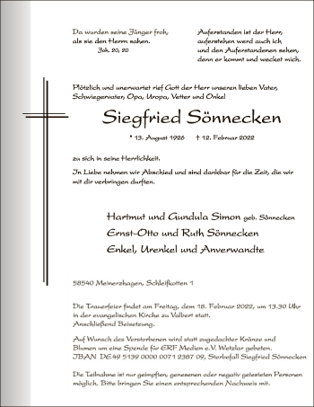 Traueranzeige von Siegfried Sönnecken von WA