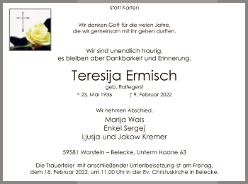 Traueranzeige von Teresija Ermisch von WA
