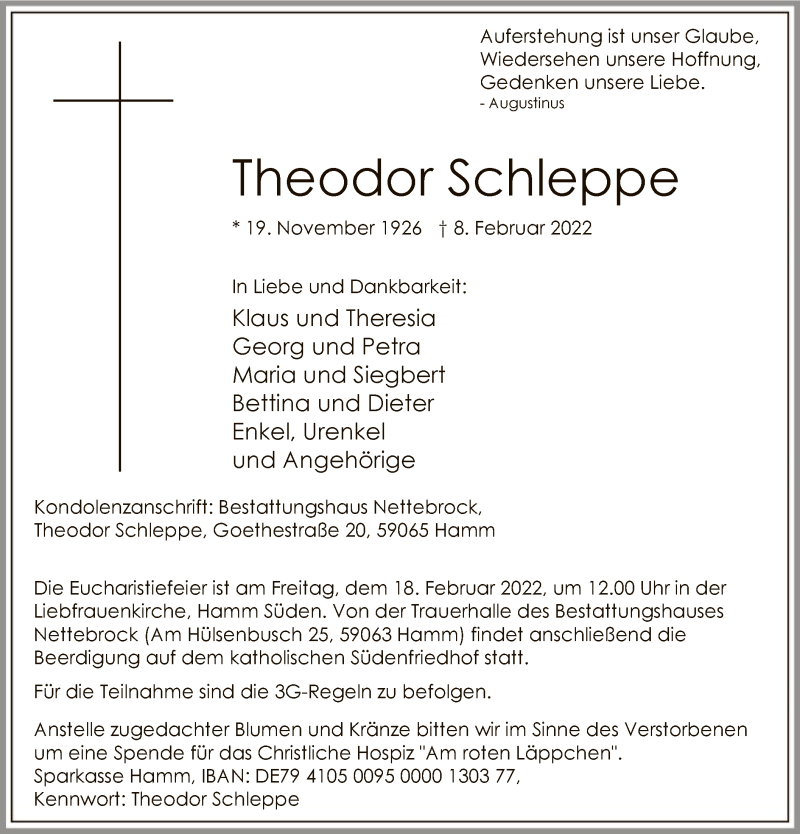  Traueranzeige für Theodor Schleppe vom 12.02.2022 aus WA