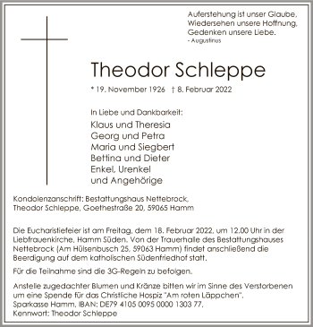 Traueranzeige von Theodor Schleppe von WA