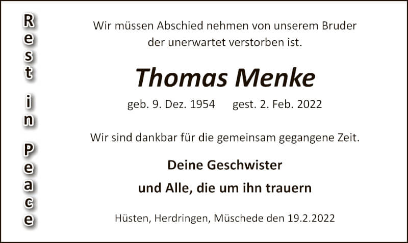  Traueranzeige für Thomas Menke vom 19.02.2022 aus WA