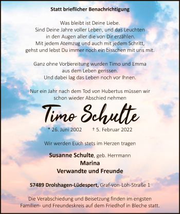 Traueranzeige von Timo Schulte von WA