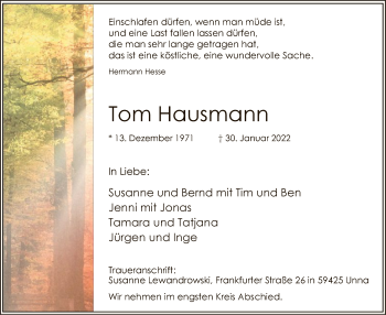 Traueranzeige von Tom Hausmann von WA