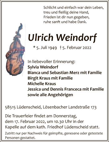 Traueranzeige von Ulrich Weindorf von WA