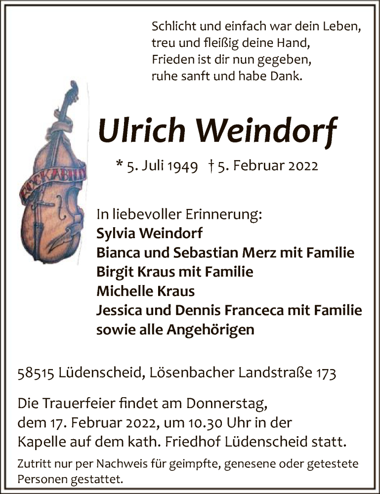  Traueranzeige für Ulrich Weindorf vom 11.02.2022 aus WA