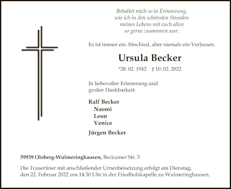  Traueranzeige für Ursula Becker vom 19.02.2022 aus WA