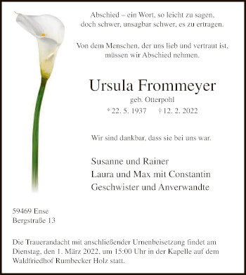 Traueranzeige von Ursula Frommeyer von WA