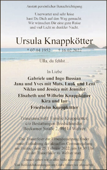 Traueranzeige von Ursula Knappkötter von WA