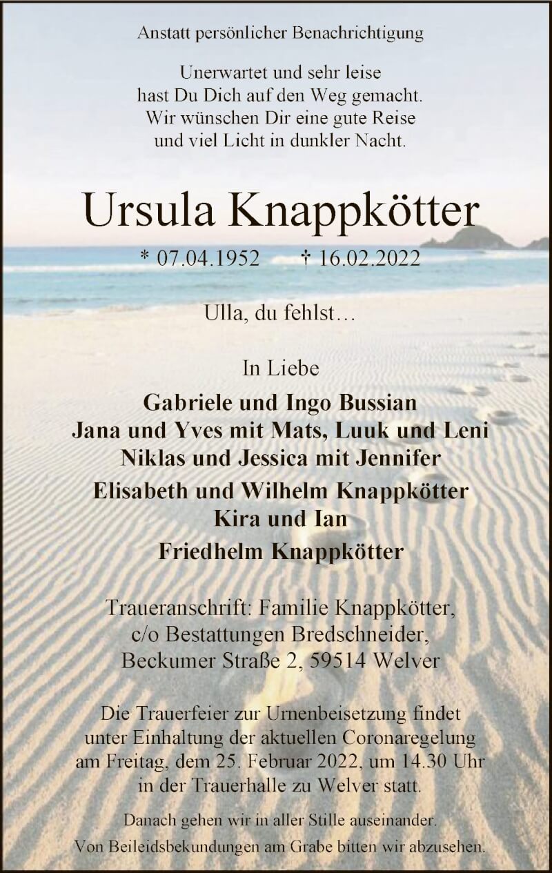  Traueranzeige für Ursula Knappkötter vom 19.02.2022 aus WA
