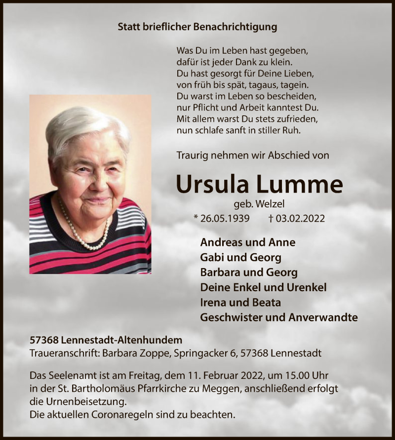  Traueranzeige für Ursula Lumme vom 05.02.2022 aus WA