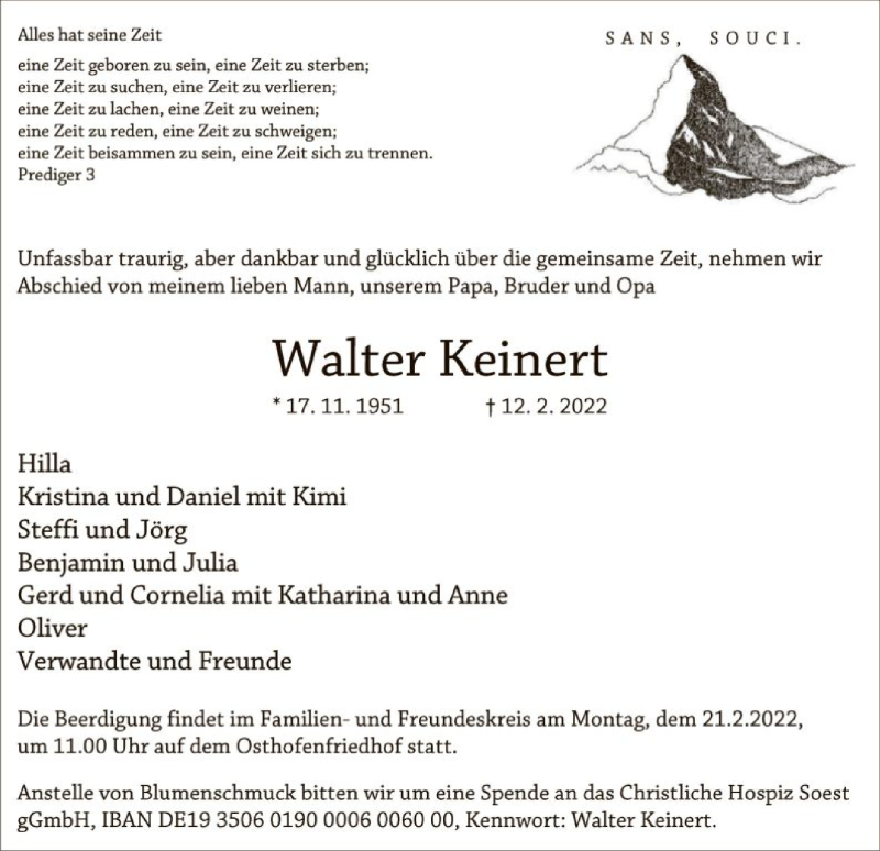  Traueranzeige für Walter Keinert vom 16.02.2022 aus WA