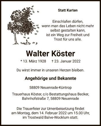 Traueranzeige von Walter Köster von WA
