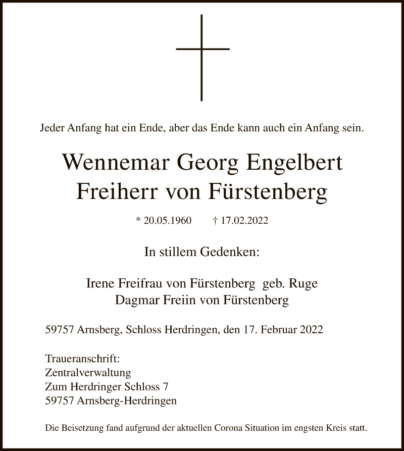  Traueranzeige für Wennemar Georg Engelbert Freiherr von Fürstenberg vom 26.02.2022 aus WA