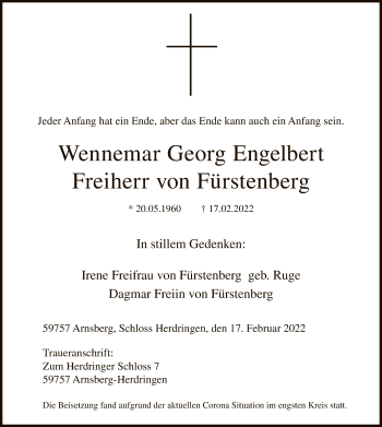Traueranzeige von Wennemar Georg Engelbert Freiherr von Fürstenberg von WA