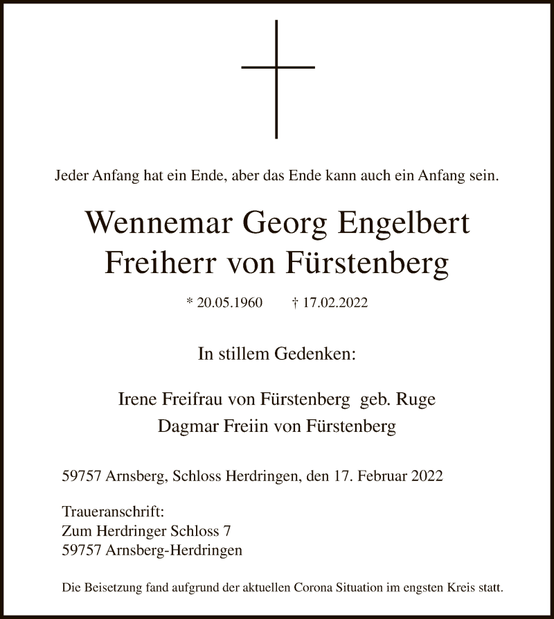  Traueranzeige für Wennemar Georg Engelbert Freiherr von Fürstenberg vom 26.02.2022 aus WA