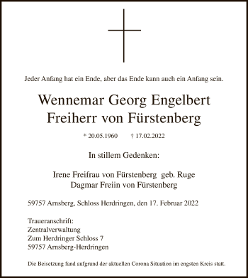 Traueranzeige von Wennemar Georg Engelbert Freiherr von Fürstenberg von WA