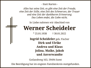Traueranzeige von Werner Scheideler von WA