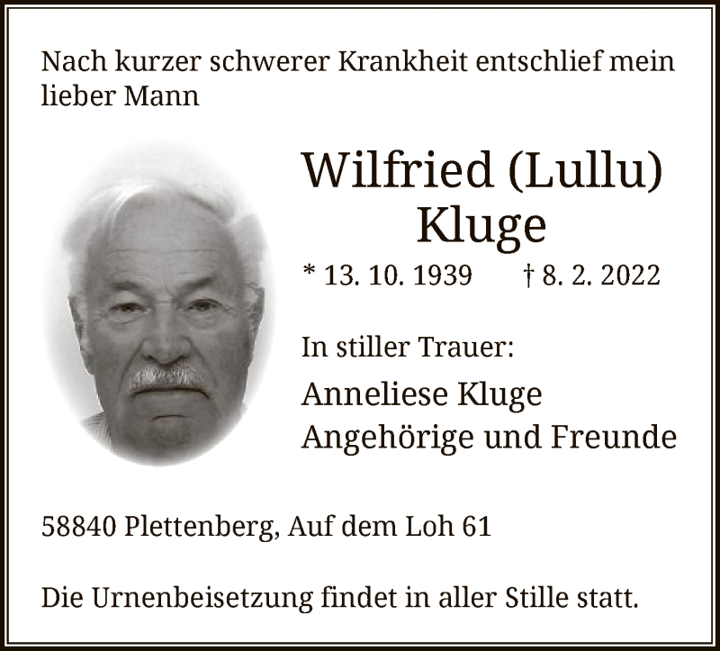 Traueranzeige für Wilfried Kluge vom 12.02.2022 aus WA