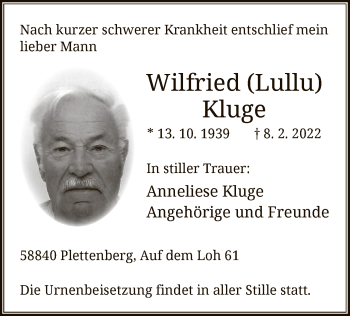 Traueranzeige von Wilfried Kluge von WA