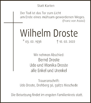 Traueranzeige von Wilhelm Droste von WA