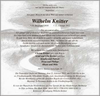 Traueranzeige von Wilhelm Knitter von WA