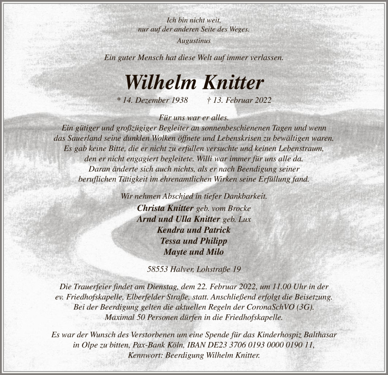  Traueranzeige für Wilhelm Knitter vom 18.02.2022 aus WA