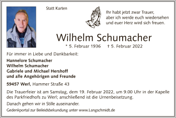 Traueranzeige von Wilhelm Schumacher von WA