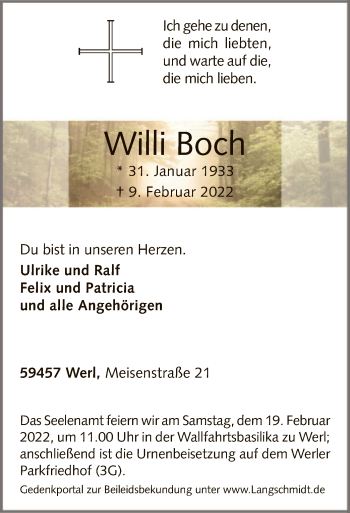 Traueranzeige von Willi Boch von WA