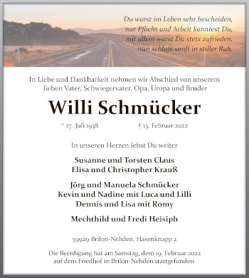 Traueranzeige von Willi Schmücker von WA