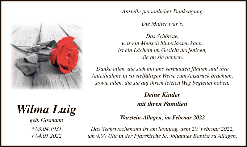  Traueranzeige für Wilma Luig vom 12.02.2022 aus WA