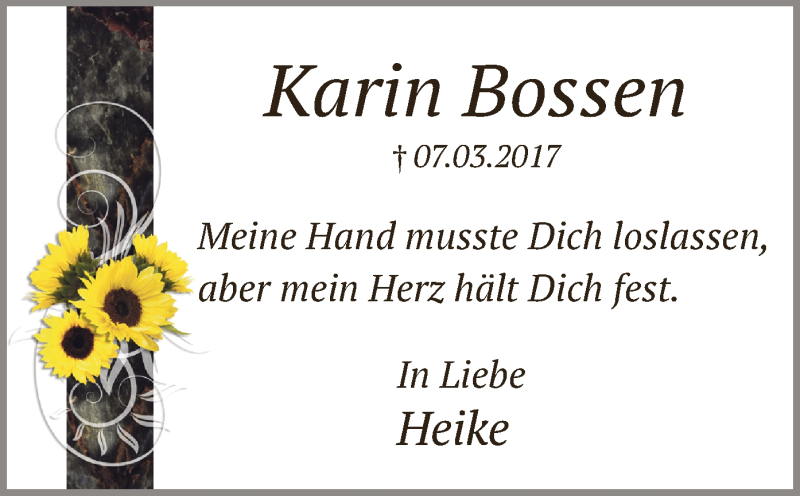  Traueranzeige für Karin Bossen vom 09.03.2022 aus WA